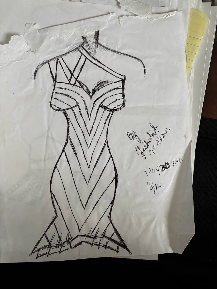 Chevron-line fitted gown sketch