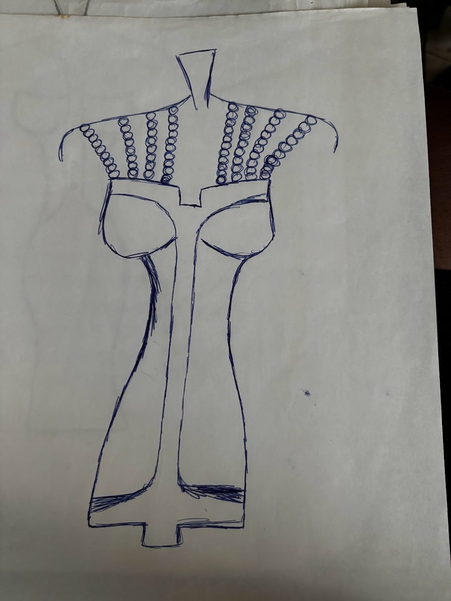Dress sketch with strands of beads across the shoulders